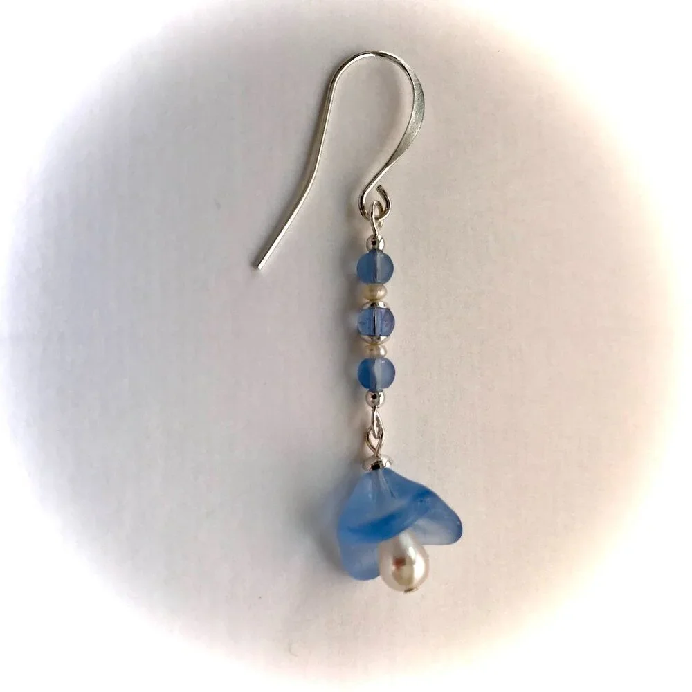 Floral  Blue Glass and Pearl Bead Drop Earrings - Picture 3 of 5